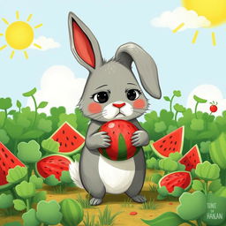 In a lively watermelon patch, a cute little gray rabbit stands with a frown, holding a small watermelon closely to its chest