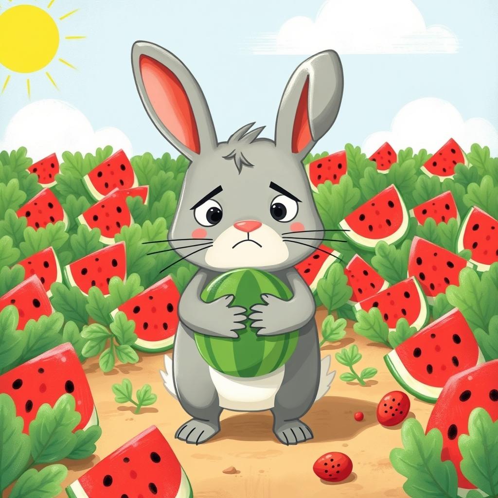 In a lively watermelon patch, a cute little gray rabbit stands with a frown, holding a small watermelon closely to its chest