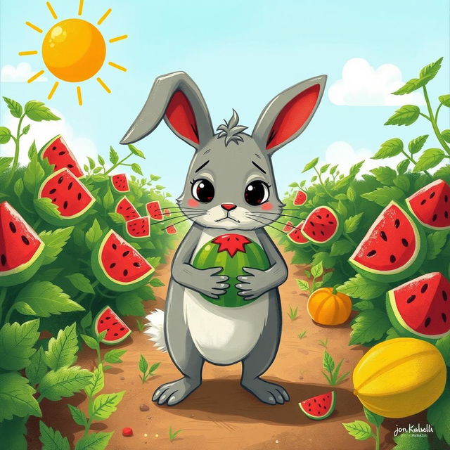 In a lively watermelon patch, a cute little gray rabbit stands with a frown, holding a small watermelon closely to its chest