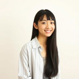 A young beautiful Japanese woman with straight long black hair, posing indoors in a casual yet confident manner
