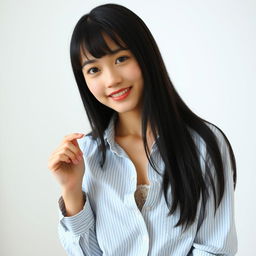 A young beautiful Japanese woman with straight long black hair, posing indoors in a casual yet confident manner