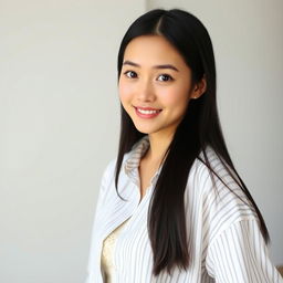 A young beautiful Japanese woman with straight long black hair, posing indoors in a casual yet confident manner