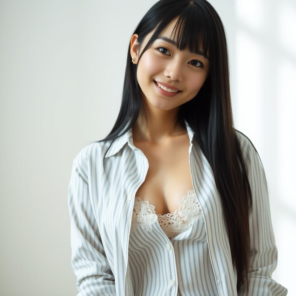 A young beautiful Japanese woman with straight long black hair, posing indoors in a casual yet confident manner