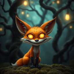 A whimsical yet eerie fox with a creepy, exaggerated smile, set in a dark, enchanted forest