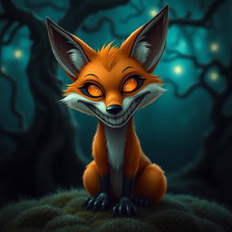 A whimsical yet eerie fox with a creepy, exaggerated smile, set in a dark, enchanted forest