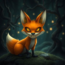 A whimsical yet eerie fox with a creepy, exaggerated smile, set in a dark, enchanted forest