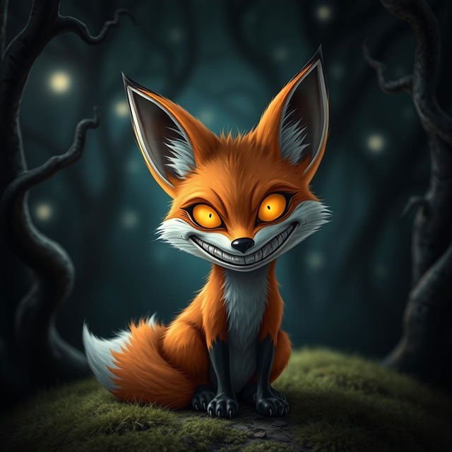 A whimsical yet eerie fox with a creepy, exaggerated smile, set in a dark, enchanted forest