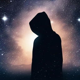 Generate a high-quality digital art image of a mysterious man, hooded and faceless, standing under the vast expanse of a star-studded night sky