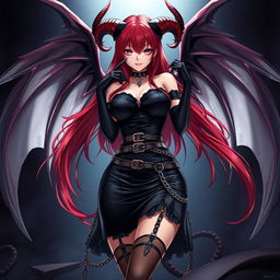 A captivating sexy gothic anime girl with demonic wings and elegantly curved horns, showcasing long, flowing red hair and a voluptuous figure