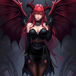 A captivating sexy gothic anime girl with demonic wings and elegantly curved horns, showcasing long, flowing red hair and a voluptuous figure