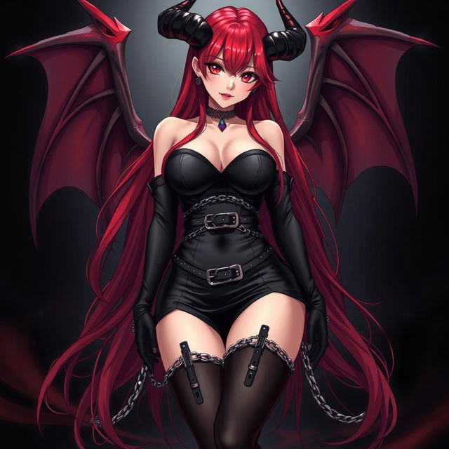 A captivating sexy gothic anime girl with demonic wings and elegantly curved horns, showcasing long, flowing red hair and a voluptuous figure