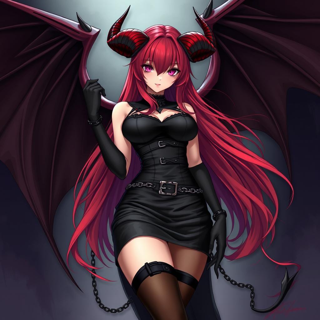A captivating sexy gothic anime girl with demonic wings and elegantly curved horns, showcasing long, flowing red hair and a voluptuous figure