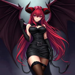 A captivating sexy gothic anime girl with demonic wings and elegantly curved horns, showcasing long, flowing red hair and a voluptuous figure