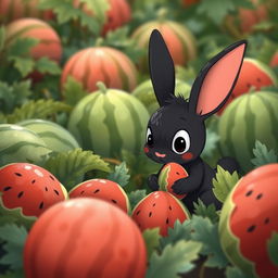 In a colorful watermelon patch, a cute little black rabbit is intently comparing the sizes of several unopened watermelons