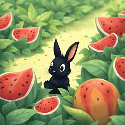 In a colorful watermelon patch, a cute little black rabbit is intently comparing the sizes of several unopened watermelons