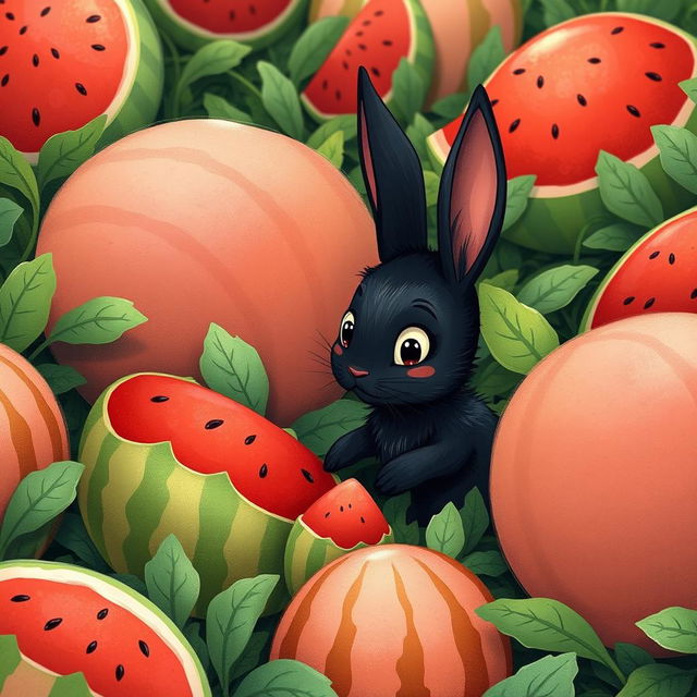 In a colorful watermelon patch, a cute little black rabbit is intently comparing the sizes of several unopened watermelons