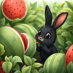 In a colorful watermelon patch, a cute little black rabbit is intently comparing the sizes of several unopened watermelons