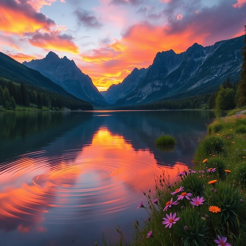 A serene landscape featuring a tranquil lake surrounded by majestic mountains in the background