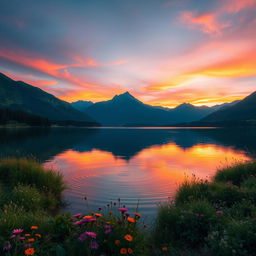 A serene landscape featuring a tranquil lake surrounded by majestic mountains in the background