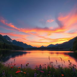 A serene landscape featuring a tranquil lake surrounded by majestic mountains in the background