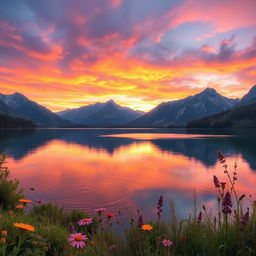 A serene landscape featuring a tranquil lake surrounded by majestic mountains in the background