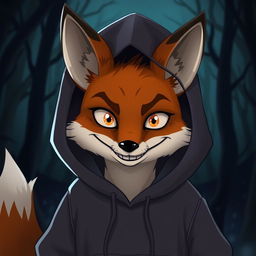 A fox with a creepy smile wearing a hooded sweatshirt, animated style, showcasing a whimsical and slightly eerie atmosphere