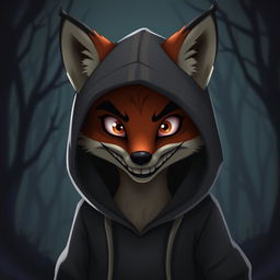 A fox with a creepy smile wearing a hooded sweatshirt, animated style, showcasing a whimsical and slightly eerie atmosphere