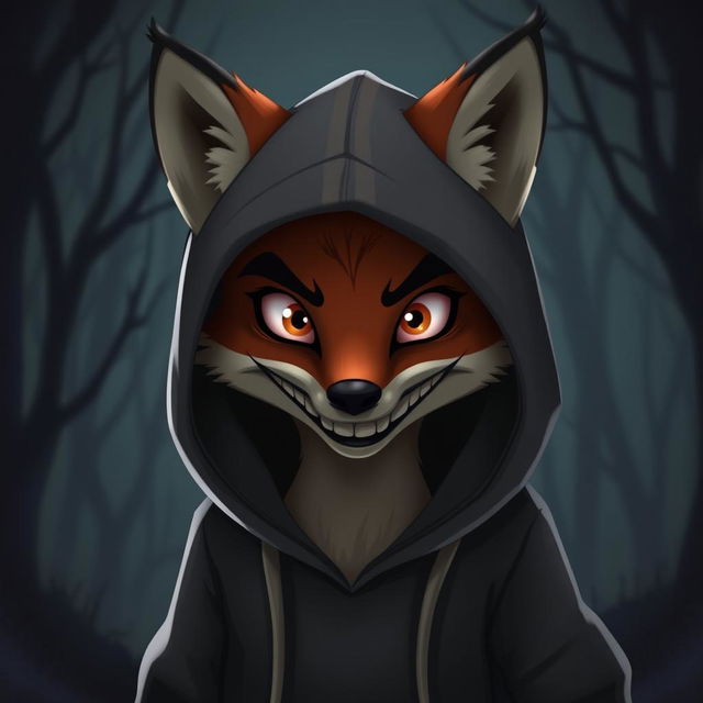 A fox with a creepy smile wearing a hooded sweatshirt, animated style, showcasing a whimsical and slightly eerie atmosphere