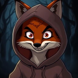A fox with a creepy smile wearing a hooded sweatshirt, animated style, showcasing a whimsical and slightly eerie atmosphere