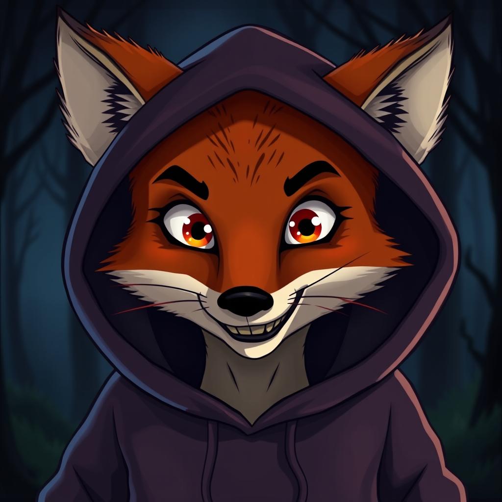 A fox with a creepy smile wearing a hooded sweatshirt, animated style, showcasing a whimsical and slightly eerie atmosphere
