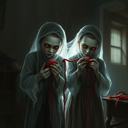 A scary yet realistic depiction of two boy ghost twins, with pale, almost translucent skin and haunting expressions, wearing tattered, old-fashioned clothes