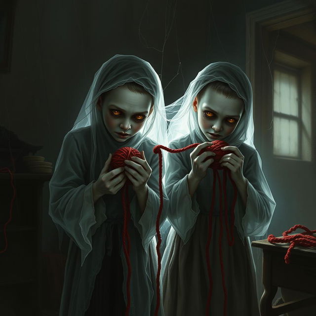 A scary yet realistic depiction of two boy ghost twins, with pale, almost translucent skin and haunting expressions, wearing tattered, old-fashioned clothes