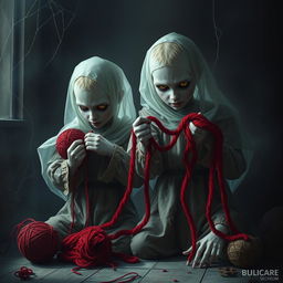 A scary yet realistic depiction of two boy ghost twins, with pale, almost translucent skin and haunting expressions, wearing tattered, old-fashioned clothes
