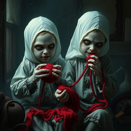 A scary yet realistic depiction of two boy ghost twins, with pale, almost translucent skin and haunting expressions, wearing tattered, old-fashioned clothes