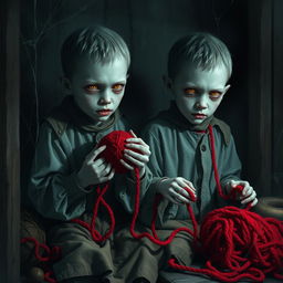 A scary yet realistic depiction of two boy ghost twins, with pale, almost translucent skin and haunting expressions, wearing tattered, old-fashioned clothes