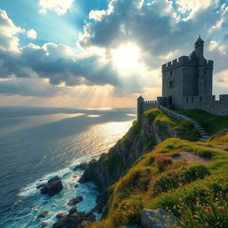 A breathtaking view of a historic castle perched on a cliff overlooking a vast, shimmering ocean