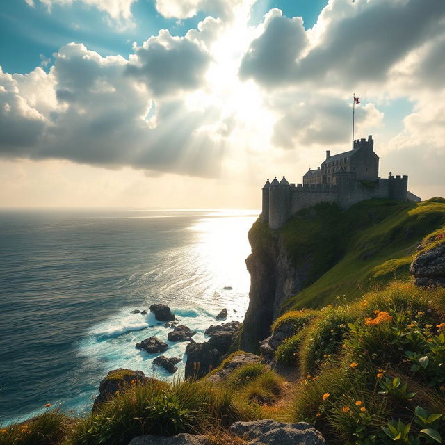 A breathtaking view of a historic castle perched on a cliff overlooking a vast, shimmering ocean
