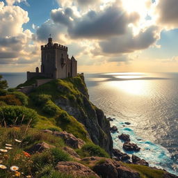 A breathtaking view of a historic castle perched on a cliff overlooking a vast, shimmering ocean