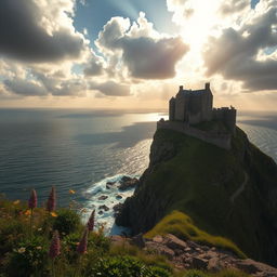 A breathtaking view of a historic castle perched on a cliff overlooking a vast, shimmering ocean