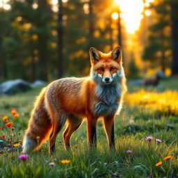 A majestic red fox standing confidently in a lush green forest during golden hour, the sunlight filtering through the trees, creating a warm, magical atmosphere