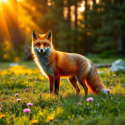 A majestic red fox standing confidently in a lush green forest during golden hour, the sunlight filtering through the trees, creating a warm, magical atmosphere