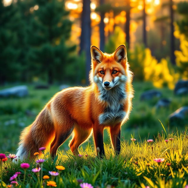 A majestic red fox standing confidently in a lush green forest during golden hour, the sunlight filtering through the trees, creating a warm, magical atmosphere