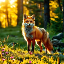 A majestic red fox standing confidently in a lush green forest during golden hour, the sunlight filtering through the trees, creating a warm, magical atmosphere