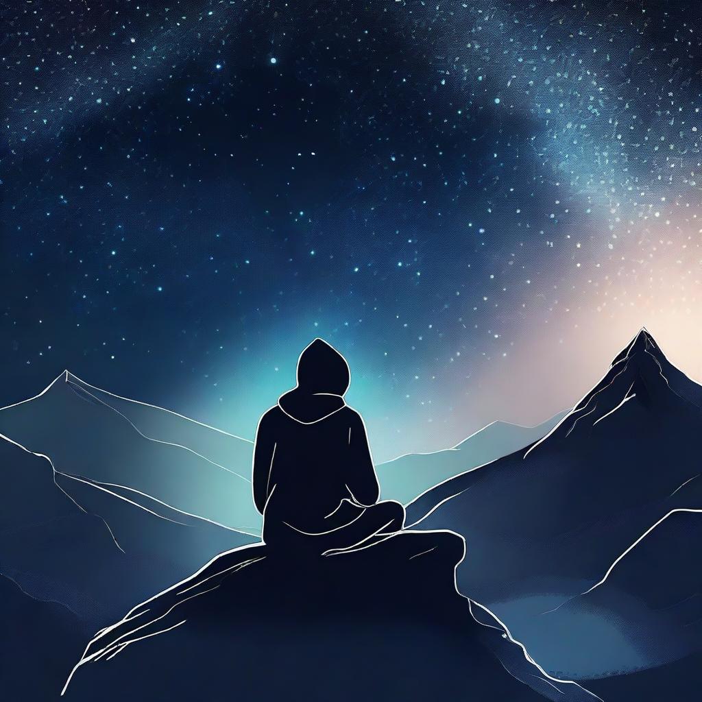 Create a captivating digital art image showcasing a faceless, hooded man sitting atop a mountain under the starlit sky