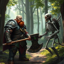 A Goliath paladin, bald with a brown mustache, clad in intricately detailed armor that showcases both strength and nobility, stands defiantly on a forest trail