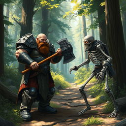 A Goliath paladin, bald with a brown mustache, clad in intricately detailed armor that showcases both strength and nobility, stands defiantly on a forest trail