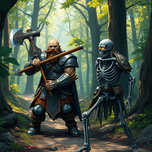 A Goliath paladin, bald with a brown mustache, clad in intricately detailed armor that showcases both strength and nobility, stands defiantly on a forest trail