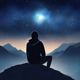 Create a captivating digital art image showcasing a faceless, hooded man sitting atop a mountain under the starlit sky