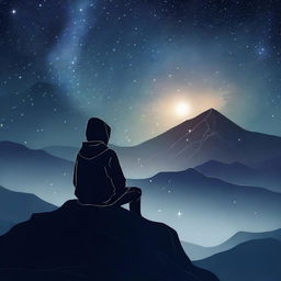 Create a captivating digital art image showcasing a faceless, hooded man sitting atop a mountain under the starlit sky