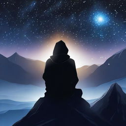 Create a captivating digital art image showcasing a faceless, hooded man sitting atop a mountain under the starlit sky